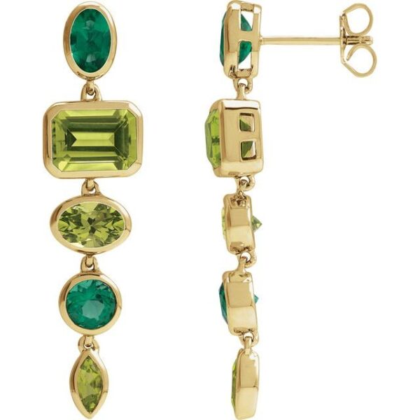 1_ 14K Yellow Natural Peridot & Lab-Grown Emerald Dangle Earrings