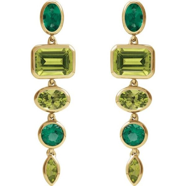 2_ 14K Yellow Natural Peridot & Lab-Grown Emerald Dangle Earrings