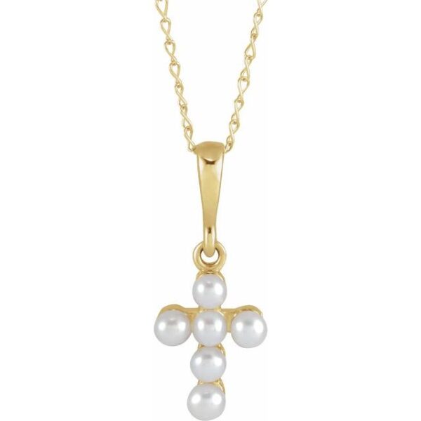 1_ 14K Yellow Cultured White Seed Pearl Youth Cross 16" Necklace