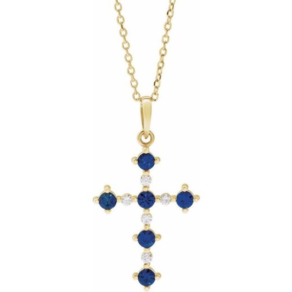 1_ 14K Yellow Lab-Grown Blue Sapphire & .07 CTW Natural Diamond Cross 16-18" Necklace