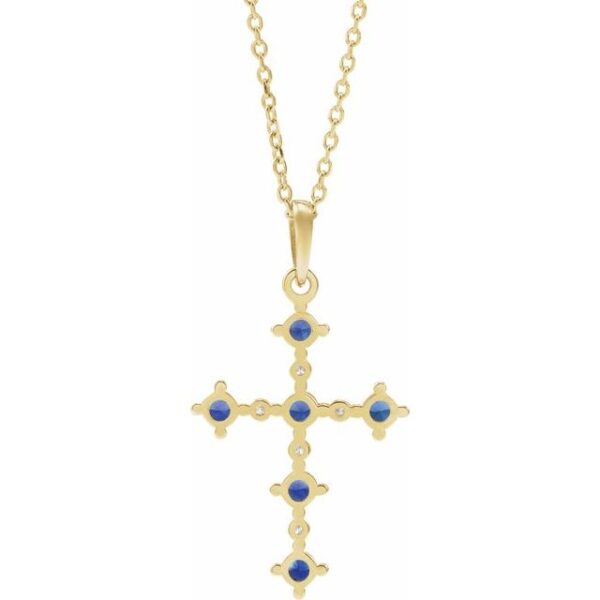 3_ 14K Yellow Lab-Grown Blue Sapphire & .07 CTW Natural Diamond Cross 16-18" Necklace