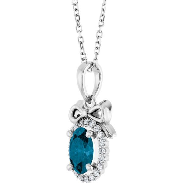 2_ 14K White Natural London Blue Topaz & .08 CTW Natural Diamond Bow 16-18" Necklace