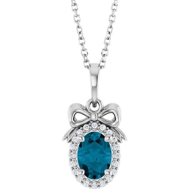 1_ 14K White Natural London Blue Topaz & .08 CTW Natural Diamond Bow 16-18" Necklace