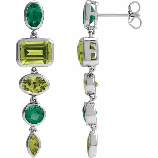 1_ 14K White Natural Peridot & Lab-Grown Emerald Dangle Earrings